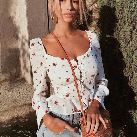 Women Shirts Vintage Flower Print Blouse Tops Summer Ruffles Blusas Ladies Tops Streetwear Blusas Mujer De Moda