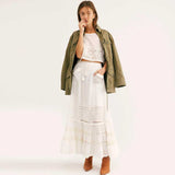 Boho Inspired Women's White Maxi Skirt patch pockets tassel tied skirts women corchet insert cotton casual chic long skirts 2020