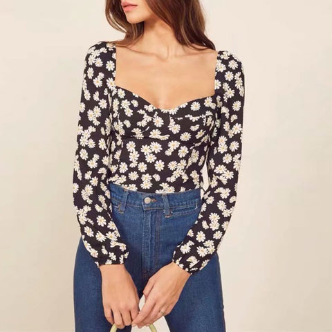 Jastie Vintage Daisy Top Blouse Spring Summer Sexy Chic Sweetheart Neck Long Sleeve Women Shirt Blouse blusa mujer de moda 2020