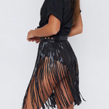 2019 New Boho Faux Leather Skirt Women Short Fringe Tassel Skirt High Waist Belt Club Party Skirt For Female Black Summer Skirts