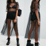 Women Sexy Black  See-through Mesh Short Sleeve Cover Up Dress Sheer Maxi Dress Tulle Lace Long Dress