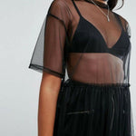 Women Sexy Black  See-through Mesh Short Sleeve Cover Up Dress Sheer Maxi Dress Tulle Lace Long Dress