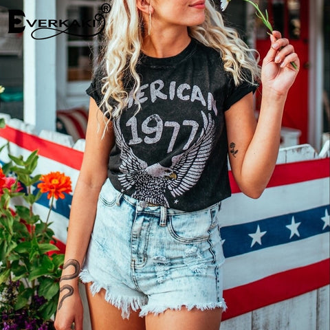 Everkaki Cotton 1977 Vintage T shirt Women Eagle Pattern Casual T Shirt Tees&Tops Retro Punk Boho Tee Shirt Femme Summer 2020