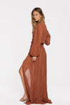 Women's Cotton Dress Solid Color V-neck Lantern Sleeve Maxi Sweet Dress High Waist Summer Elegant Split Dress Beach Boho Robes
