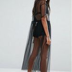 Women Sexy Black  See-through Mesh Short Sleeve Cover Up Dress Sheer Maxi Dress Tulle Lace Long Dress