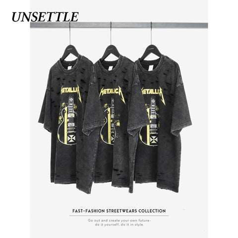 UNSETTLE 2020SS Harajuku T-shirts Summer Holes Men/Women Hip Hop Funny Print Rock Fashion Streetwear t shirt Short Sleeve Tops